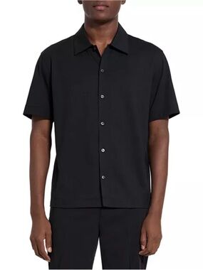 Theory Sylvain S Precise 2 Black Stretch Cotton Short Sleeve Button Down Shirt L